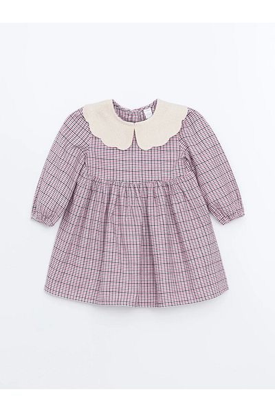 LC Waikiki Lcw Kids Pink Baby Collar Plaid Pattern Flannel Girl's Dress
