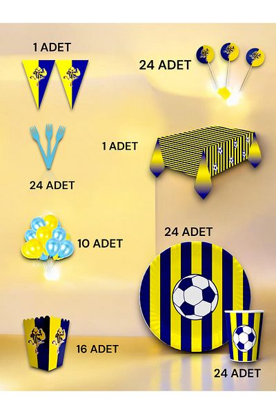VibeHome 24 Person Navy Blue Yellow Fan Luxury Set - Birthday Party and Fun Events