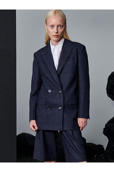 RİVUS Navy Blue Striped Oversize Jacket