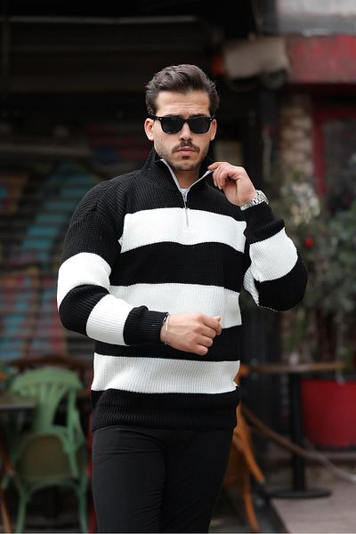 Valiberta Oversize Striped Thessaloniki Braided Half Zipper Knitwear Men's Sweater - Black