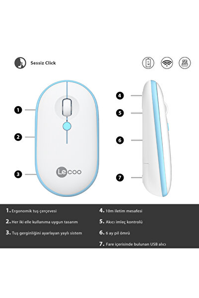 Lecoo WS212 Kablosuz 1600DPI 4 Tuşlu USB Mini Alıcı ile Optik Mouse Beyaz & Mavi