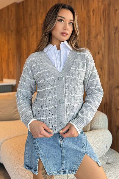 GÜLSELİ Gray Striped Knitwear Women's Cardigan - Front Buttoned