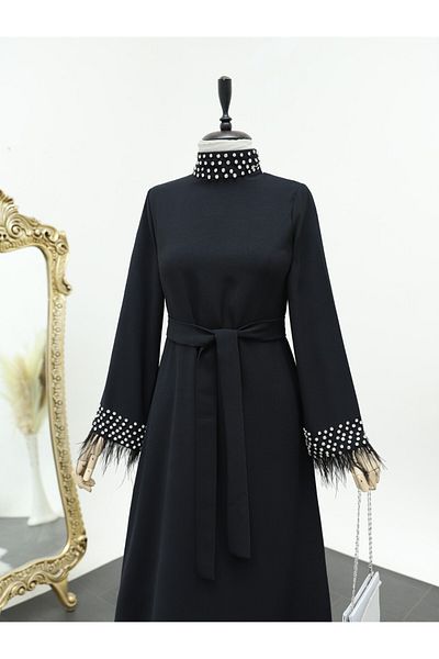 Modamorfo Tied Dress with Rhinestones and Feather Detail on Collar and Sleeves - Black