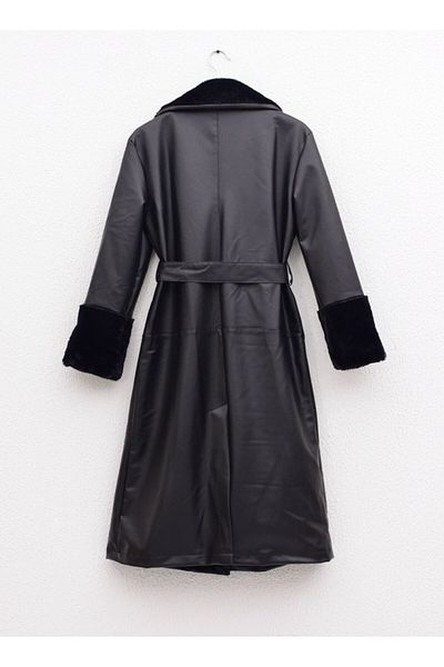 VESS MODA Furry Long Leather Women's Trench Coat