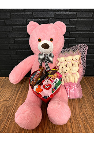 lenostra Sevgiliye Hediye 80cm Pembe Ayıcık Lezzet Dolu Kutu Ve Ayıcık Buketi