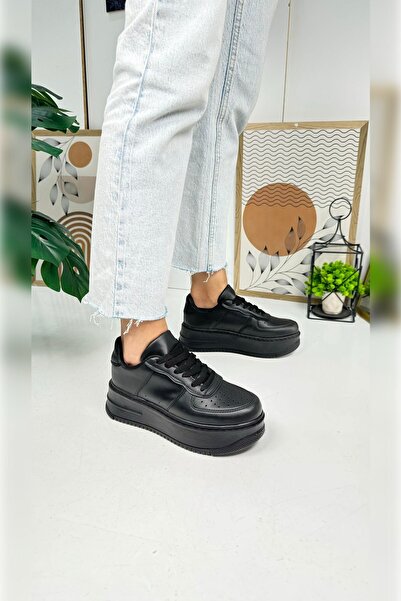 İmerShoes Günlük Kadın Siyah Sneaker Bağcıklı Kalın Yüksek Tabanlı Yürüyüş Spor Ayakkabı 451