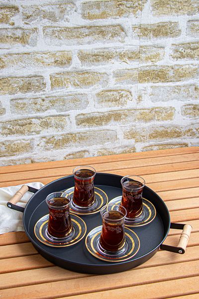 kitchen trend 3 Pieces (51, 37, 30 CM) Metal Tray with Wooden Handles Tea Tray Coffee Tray Presentation Tray Set Black