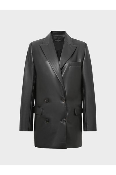 RİVUS Oversize Double Breasted Cut Leather Jacket - Black