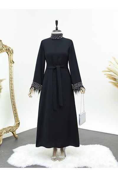 Modamorfo Tied Dress with Rhinestones and Feather Detail on Collar and Sleeves - Black