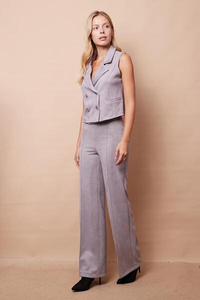 Jument Palazzo High Waist Front Stitched Wide Leg Lightweight Lycra Suede Fabric Trousers-Light Grey
