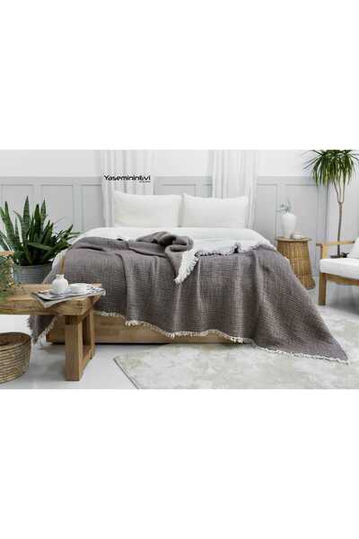 YASEMİNİNEVİ Double Dark Brown 6 Layer Muslin Quilt, Bedspread 220X240Cm