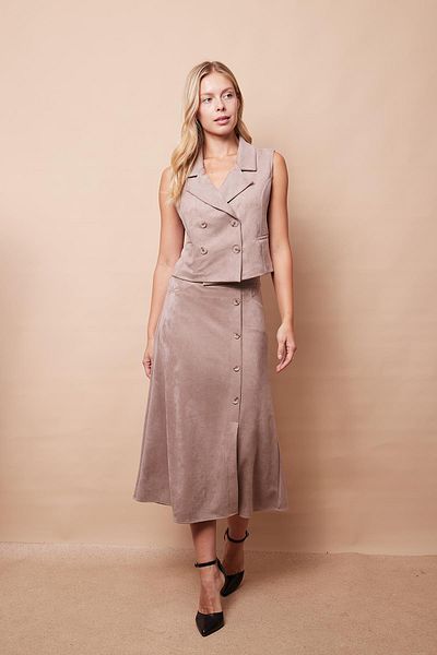 Jument Vestă dublu din catifea bej - Textura moale, buzunare plate, Lycra Office Chic
