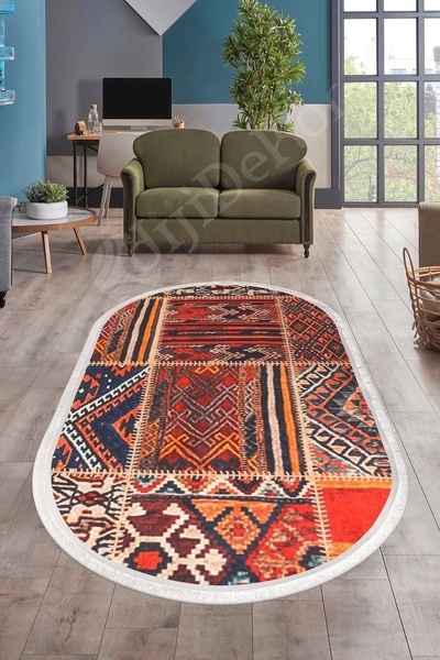 Dijidekor Halı Turuncu Cool K1300 Saçaklı Oval Kesme Ince Yolluk Kilim Salon ...