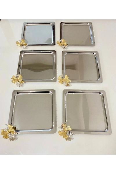 BİMOTE Set of 6 Square Silver Butterfly Pattern Stainless Steel Presentation Tray - Coffee Decorative Serving