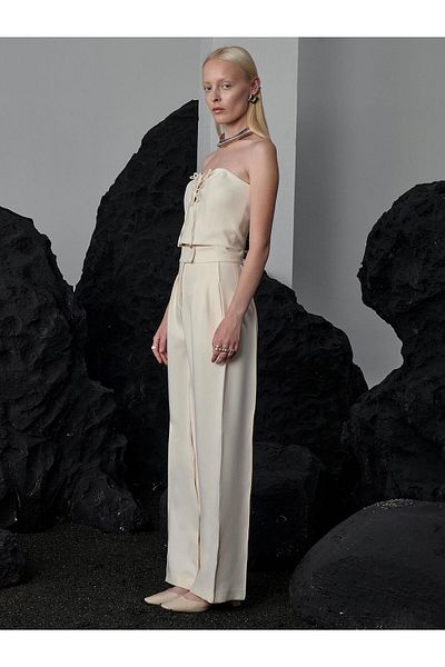 RİVUS High Waisted Ribbed Stitching Wide Leg Maxi Length Pleated Trousers - Ecru