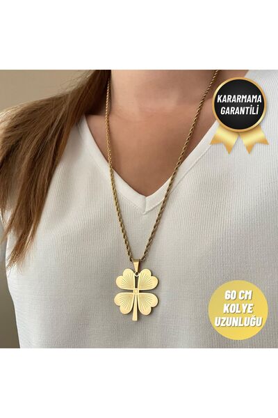 nerora Kararmaz Çelik Gold Burgu Zincirli Yonca Kolye