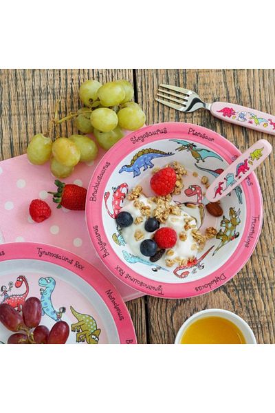 Tyrrell Katz Pink Dino Melamine Feeding Bowl and Drinking Cup