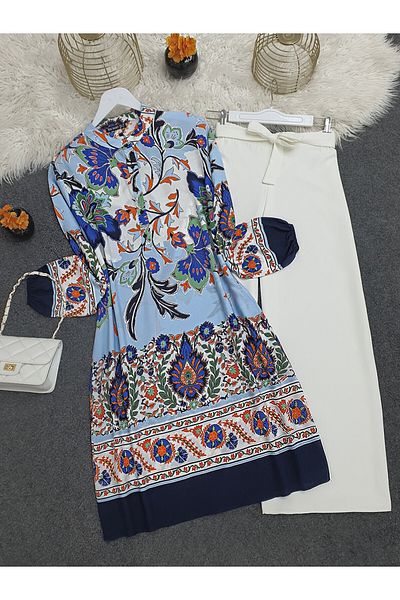 Modamorfo Halbknopf-Tunika aus Baumwollviskose mit Blumenmuster – dunkel