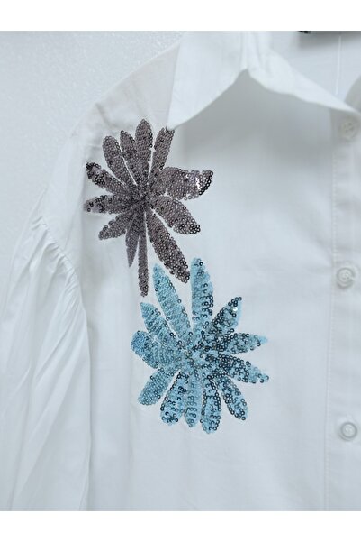 Modamorfo Πουκάμισο από βαμβακερή ποπλίνα με παγιέτες - λευκό