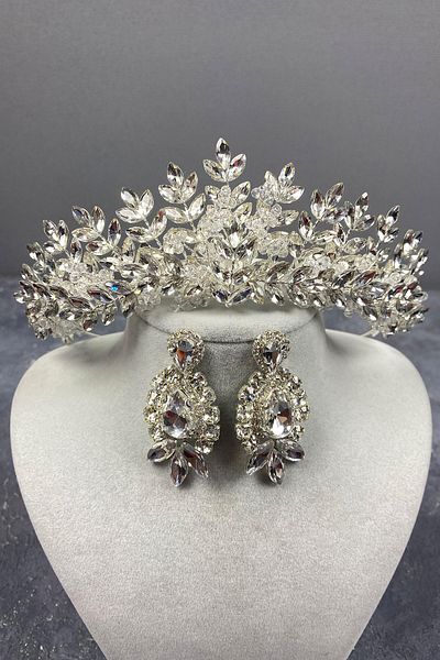Hayalperest boncuk Asleny Bridal Crown and Shuttle Earring Set - Bead Embroidered