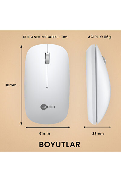 Lecoo Ws214 Kablosuz 1200dpı 3 Tuşlu Sessiz Dizüstü, Pc, Mac Için, Usb Alıcı Ile Optik Mouse Beyaz