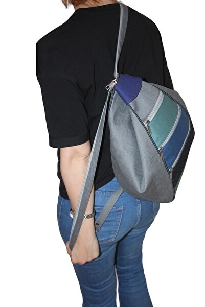 MEBES Gray, Green and Blue Denim Fabric Women's Backpack and Shoulder Bag Sak...