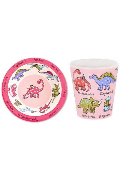 Tyrrell Katz Pink Dino Melamine Feeding Bowl and Drinking Cup