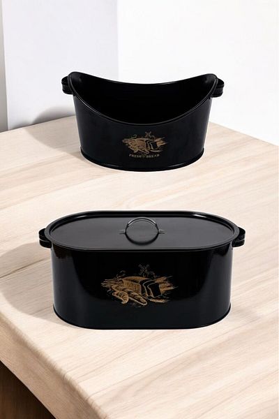 TOPTANFONİ 2 Piece Metal Large Size Patterned Bread Bowl with Lid and Tableware Bread Bowl BLACK