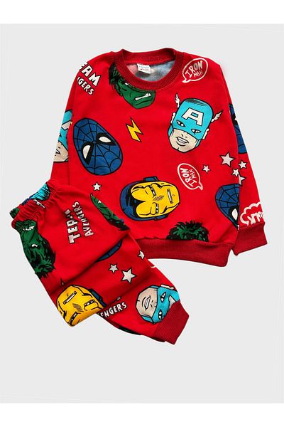TOFU KİDS (Special for New Year) Boy's Red Cotton Raised Avengers Print Winter Pajamas