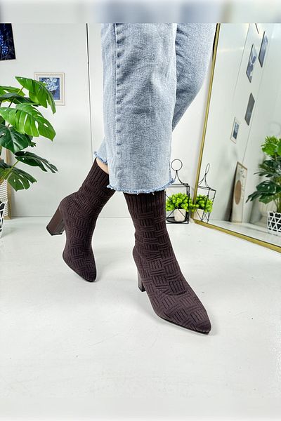 Nstil Ghete de damă din tricotaje negre - Cizme confortabile cu toc înalt, vârf ascuțit elastic și talpă zimțată 168