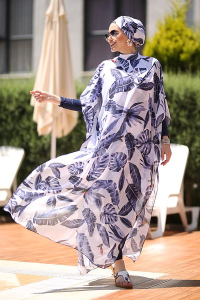 Remsa Mayo Blue Leaves Navy Blue - Full Covered Hijab Swimsuit