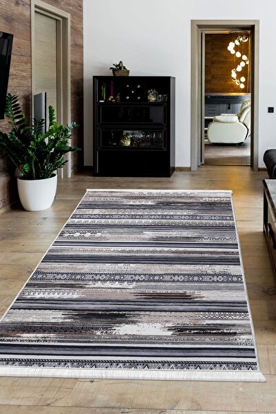 Dijidekor Halı Kahverengi Cool Köln Saçaklı Kaymaz Kesme Ince Yolluk Kilim Sa...
