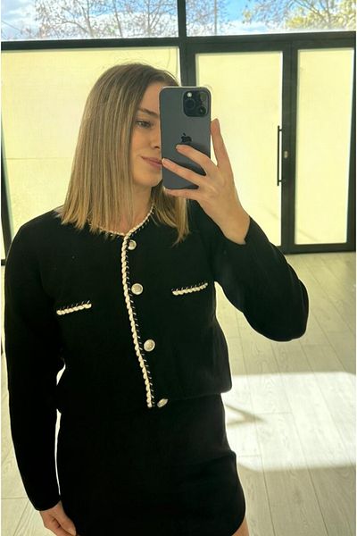 MİR STORE Twist Stripe Special Processing Button Black Cardigan
