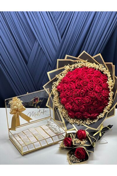 SandraTasarım Kız Isteme Çikolatası 70 'li Ve 41 Kadife Güllü Buket Ve 3 Adet...