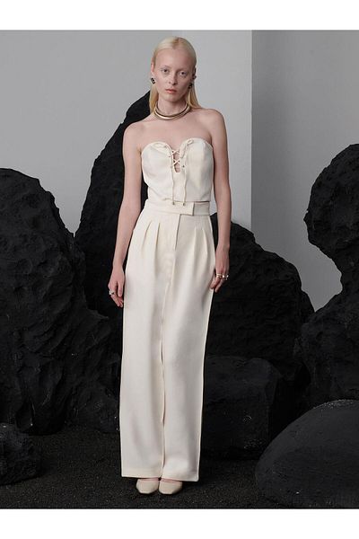 RİVUS High Waisted Ribbed Stitching Wide Leg Maxi Length Pleated Trousers - Ecru