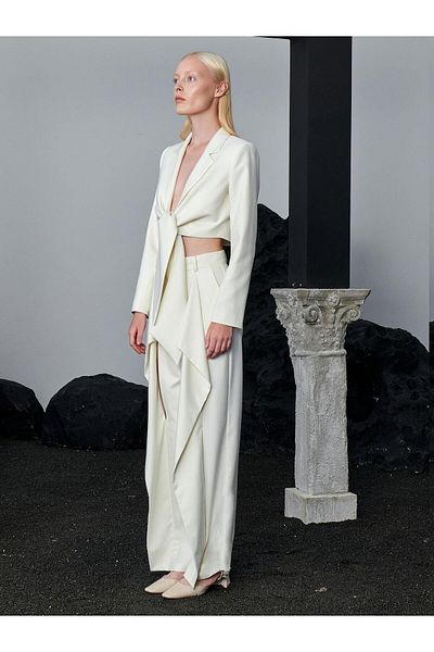 RİVUS Ecru Color Design Trousers - Front Slit Detail