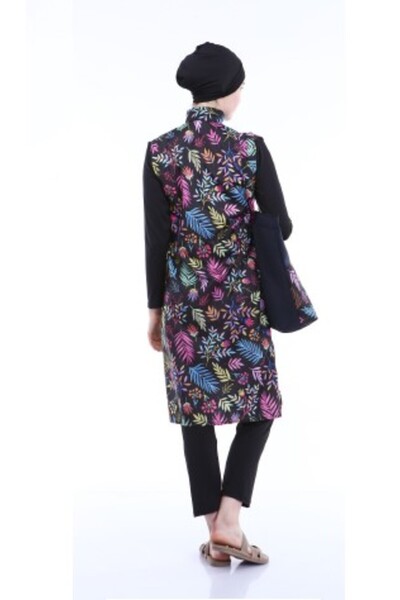 Remsa Mayo Tam Kapalı Tesettür Mayo Deniz Mayosu Renkli Çiçekler Td21-249 Siyah