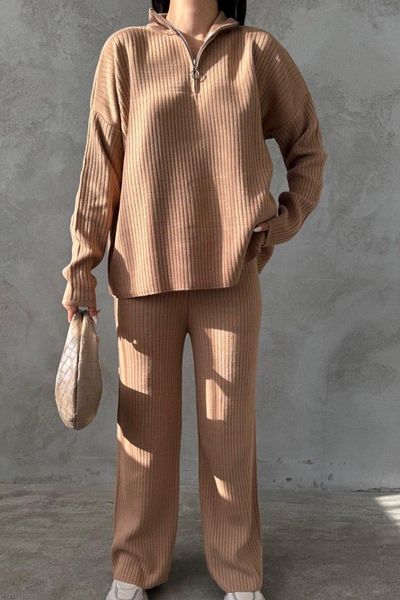 Ded COLLECTION Women's Front Half Zip Sweater Wide Leg Pants Comfortable Ribbed Knitwear Set