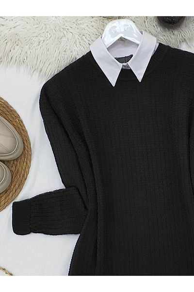 Modamorfo Strick-Tunika mit Rundhalsausschnitt und Strickmuster – Schwarz