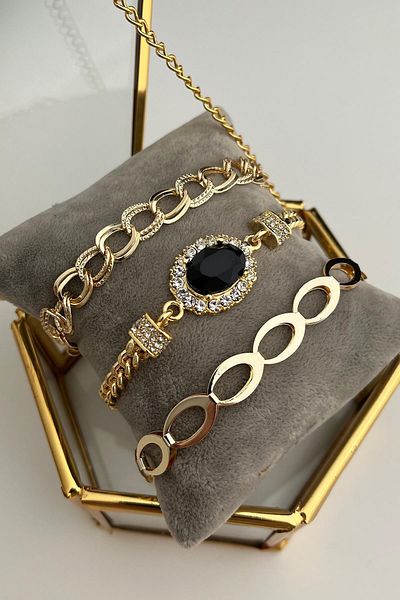 Modex Black Single Stone Detailed Multiple Bracelet Set (18cm)