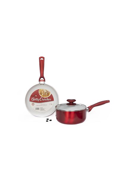 BETTY CROCKER Non-Stick Carbon Steel Fry Pan and Sauce Pan 2-Piece Set, 24/20 cm Size,Red&White