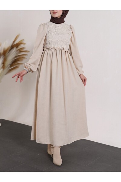 Modamorfo Robası Lace Guipure Lace Dress -Beige