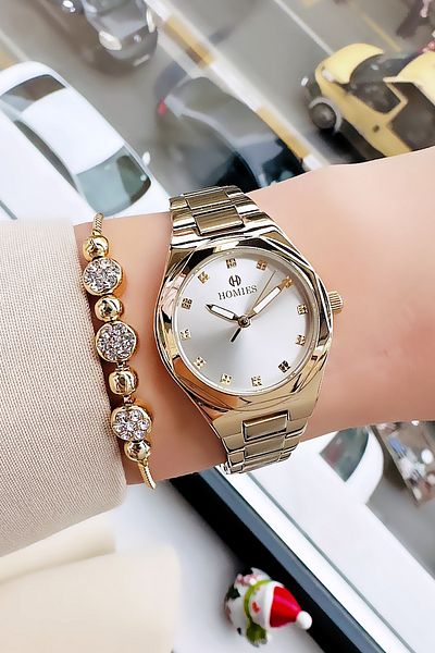 Homies Glass Women's Gold Color Waterproof Wrist Watch and Bracelet Set - Hmby2040C1
