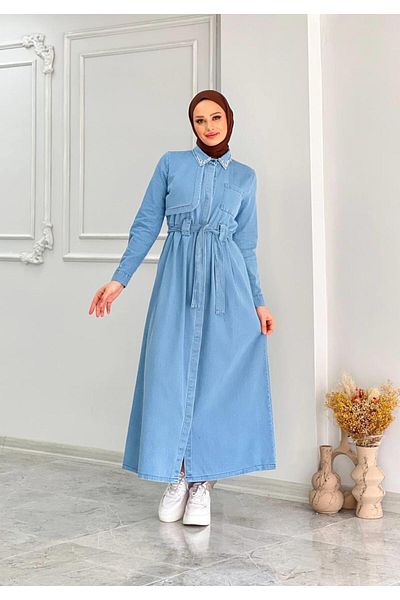 Cardella Camellia Denim Jeans Υφασμάτινο Πέτρινο Μακρύ Φόρεμα Hijab με λεπτομέρεια