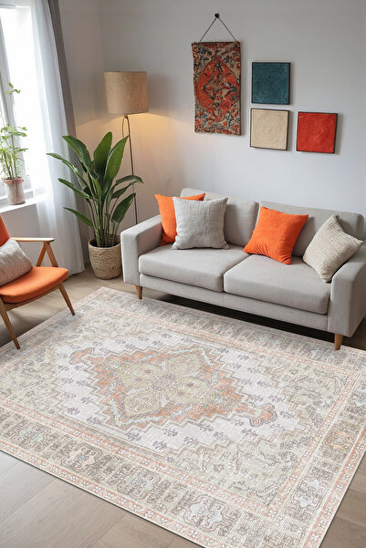 Artur Vintage Patterned Cotton Based Washable Anti-Slip Antibacterial Chenille Living Room Rug