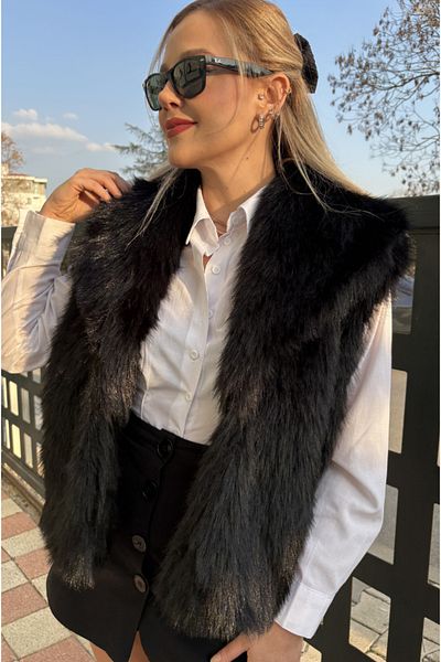 MİR STORE Black Premium Faux Fur Vest