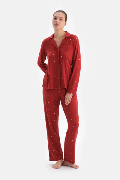 Dagi Red Heart Shirt Collar Thermal Pajamas Set