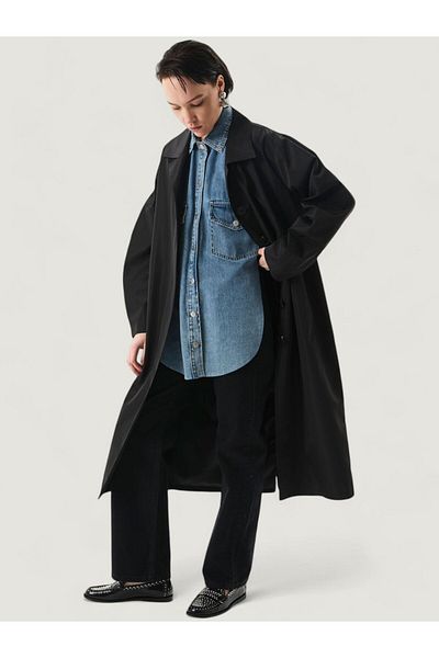 RİVUS Μακριά καμπαρντίνα Oversize με κουμπιά και λεπτομέρεια τσέπης - Μαύρο