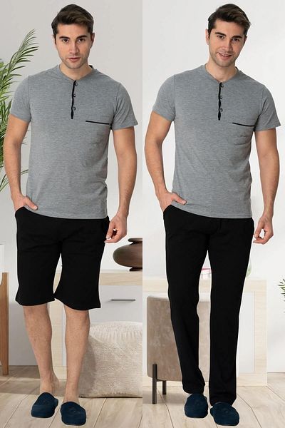 Mecit Pijama Ανδρικό Σετ Βαμβακερές Πιτζάμες και Σορτς Plus Size - Γκρι Σετ 3 τεμαχίων