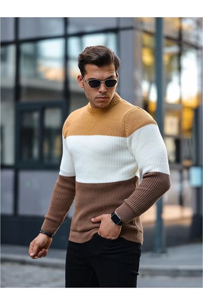 Valiberta Beige Crew Neck Men's Sweater - Piece Patterned
